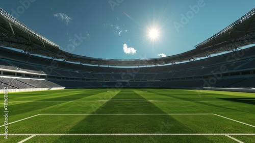Huge modern empty soccer stadium with green field  illuminated by bright sun.