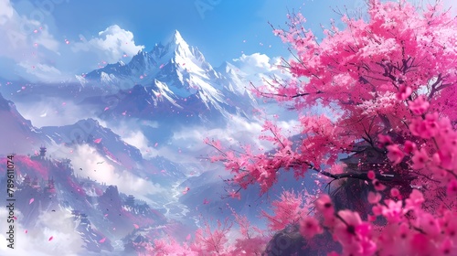 A beautiful landscape with a mountain, cherry blossoms, and a blue sky. © weerasak