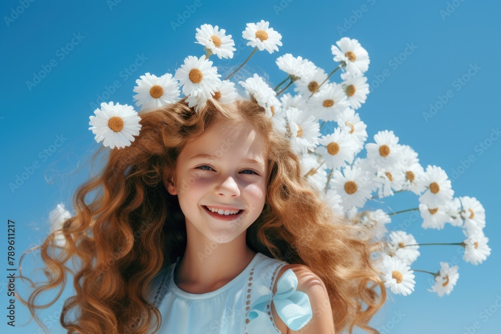 Happy child girl in wreath from chamomile flowers in summertime against blue sky background Happy child girl in wreath from chamomile flowers in summertime against blue sky background