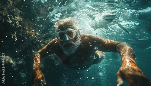 An Elderly Man Diving Amongst Sharks