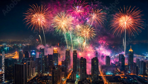 Colorful dazzling fireworks display erupting over a city skyline at night