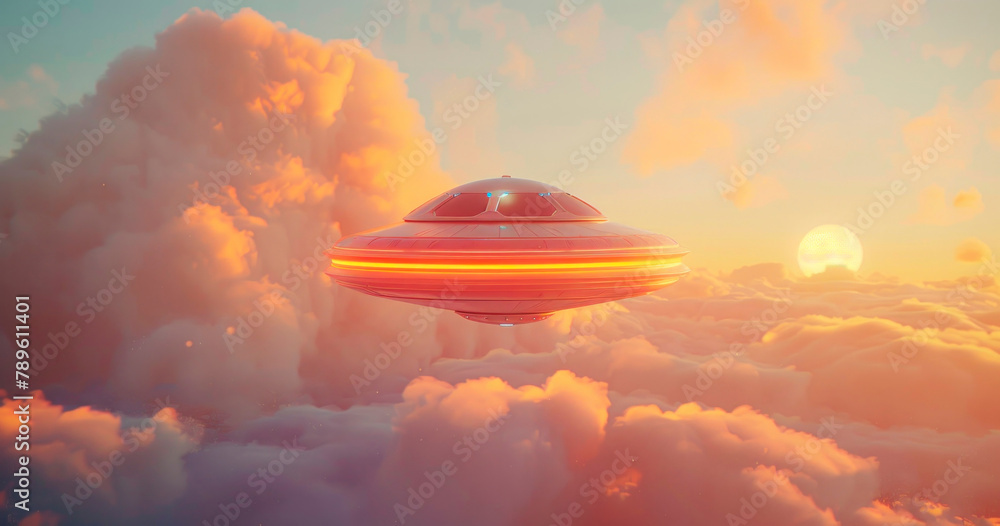 Glowing UFO Hovering Above Clouds During a Vibrant Sunset Sky Glowing UFO Hovering Above Clouds During a Vibrant Sunset Sky