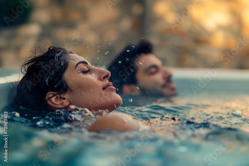 Serene Poolside Moment Captured With Young Couple Enjoying a Sunset Swim