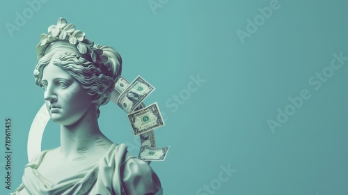 Antique statue with circular arrows made of dollar and euro bills on duotone blue background with place for text. Business design with currency exchange concept.