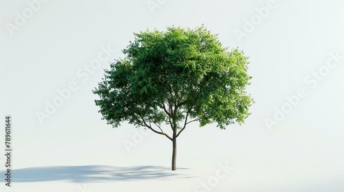 A lush green tree stands alone in a bright white space. Its leaves are full and vibrant  and its branches reach out in all directions.