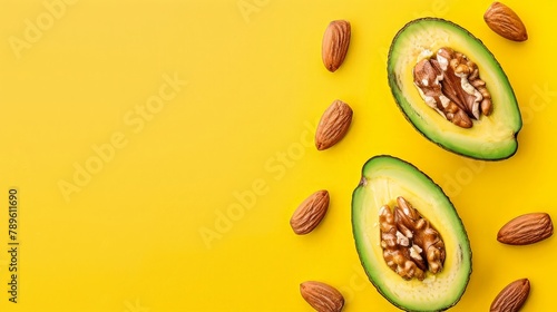 Bright avocado halves with nuts isolated on vivid yellow background. photo