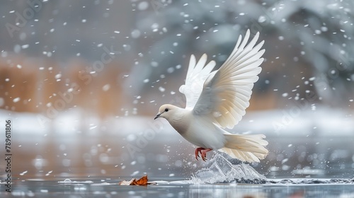 A white seabird glides over liquid nature with snowy wings