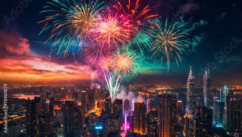 Colorful dazzling fireworks display erupting over a city skyline at night © The A.I Studio