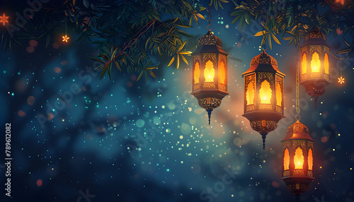 Arabic lantern of Ramadan celebration background illustration with copy space area