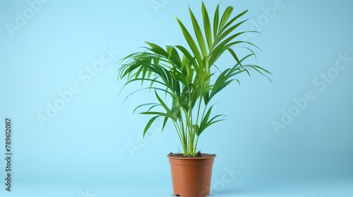 This image shows a beautiful potted Areca palm plant with lush green leaves  standing on a blue background.