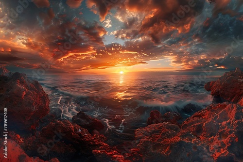 : Panoramic view of a coastline with a fiery sun rising above the horizon.