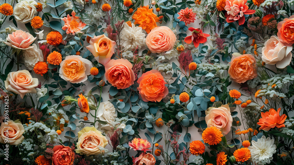 A colorful background of flowers with a variety of colors including orange, white and pink 
