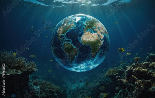 an Earth globe submerged underwater 
