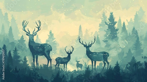 Retro wallpaper with elegant stags and does in a misty forest clearing
