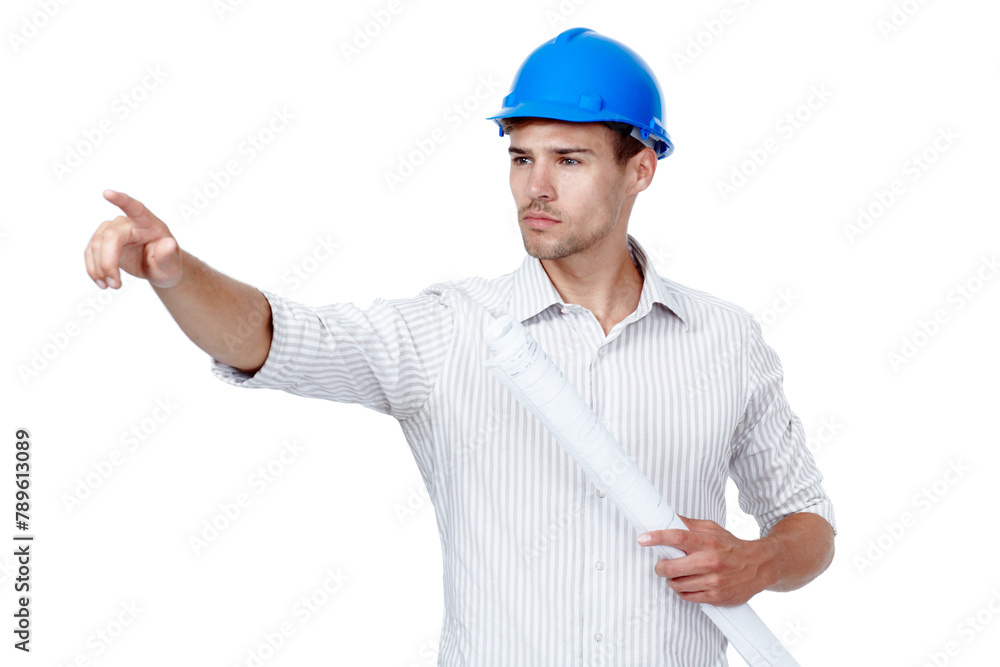 Architecture, pointing and man with blueprint in studio for project management, construction or inspection. Engineering, development or architect with building plan in maintenance on white background