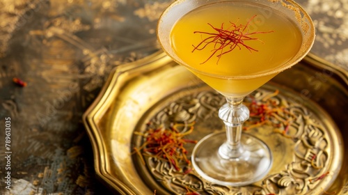 Elegant Saffron Infused Cocktail on Ornate Tray