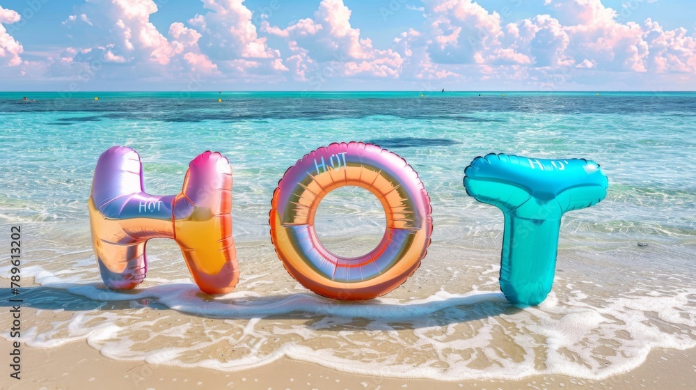 Vibrant Inflatable Letters Spelling 'HOT' on Sunny Beach Shoreline Vibrant Inflatable Letters Spelling 'HOT' on Sunny Beach Shoreline