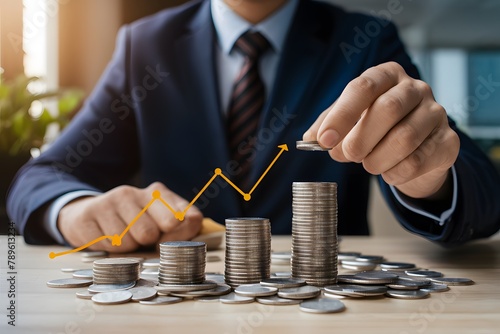 Businessman putting coins, strategic planning, investment growth chart