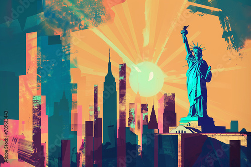 Statue of Liberty and New York, cityscape contemporary style minimalist artwork illustration. Generative AI photo