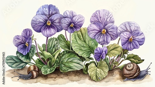 Rustic drawing of violets and snails after a rain with drops still on leaves photo
