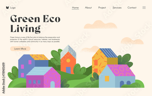 Green eco living landing page.Web page design template with countryside in the spring or summer.Hand drawn village landscape,hills and trees.Vector sustainable living concept for real estate website