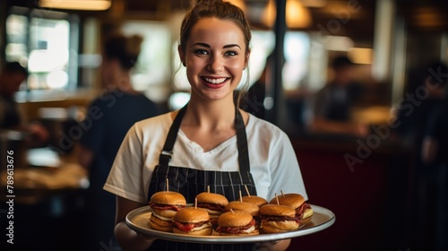 Cheerful Server Serving Delicious Burgers