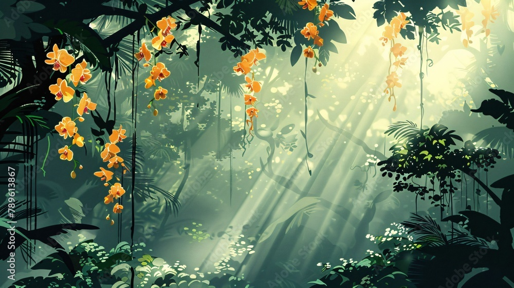 Time worn illustration of a lush rainforest canopy with hanging vines and bright orchids - obrazy, fototapety, plakaty 