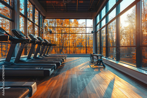 Interior of a modern gym with sports and fitness equipment and panoramic windows  fitness center  interior gym with a workout room with treadmills on a sunny day in the morning