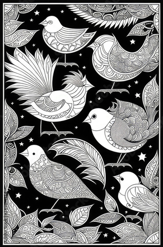 Black and white pattern with birds and moon. Vector illustration for coloring book.
