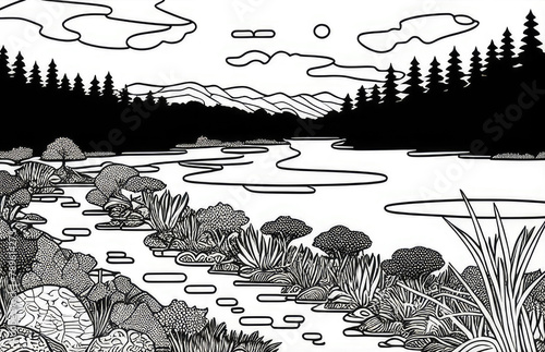Black and white landscape with river and forest. Vector illustration for coloring book.
