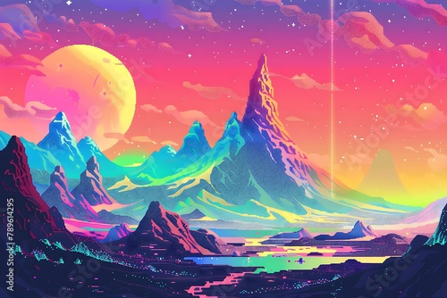   Pixel art landscape with vibrant colors and geometric shapes