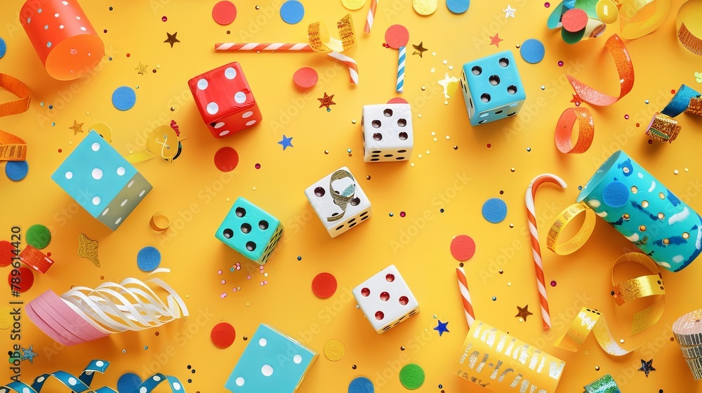 Colorful background. April fool's day background. April fool dice background concept. copy space. National Dice Day recognizes an ancient gaming tool Colorful background. April fool's day background. April fool dice background concept. copy space. National Dice Day recognizes an ancient gaming tool