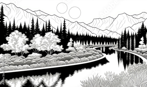Black and white landscape with river, forest and mountains. Vector illustration