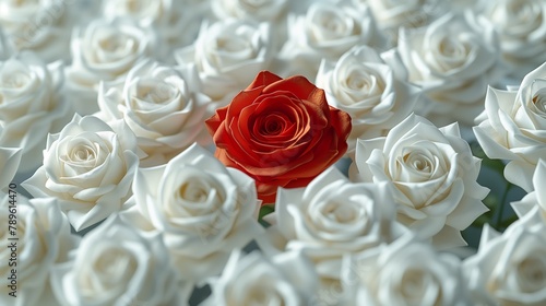 A red rose stands out among a cluster of white roses in a beautiful bouquet