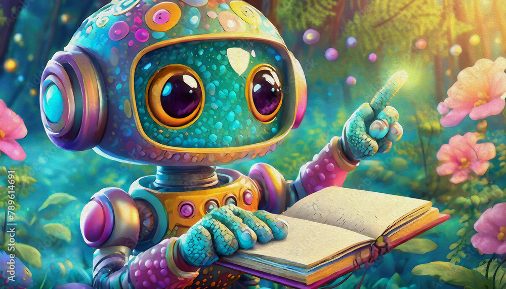 Obraz premium oil painting style CARTOON CHARACTER robot hold a notebook isolated on white background, top view. side front, 