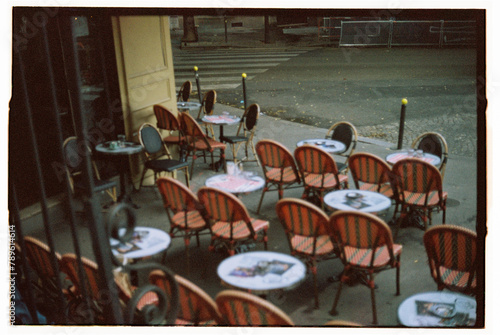 A classic Parisian cafe after the rain blurry view captured on film photo