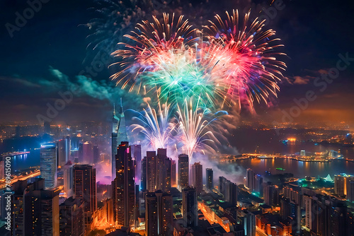 Colorful dazzling fireworks display erupting over a city skyline at night