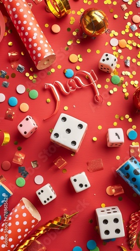 Colorful background. April fool's day background. April fool dice background concept. copy space. National Dice Day recognizes an ancient gaming tool