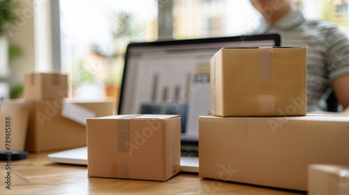 e-commerce, computers and shopping boxes are on the table