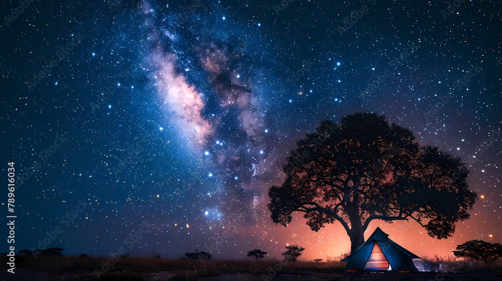 Fototapeta premium Starry Night Sky Over Illuminated and Silhouetted Tree in the Wilderness