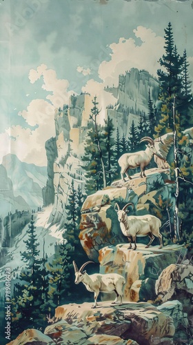 Traditional wallpaper scene with mountain goats navigating steep rocky forest terrain