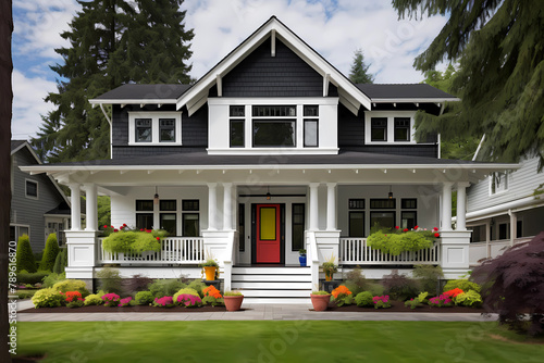 Craftsman Style House (Color Pop) - Originated in the United States in the early 20th century, characterized by low-pitched roofs, exposed rafters, and handcrafted details photo