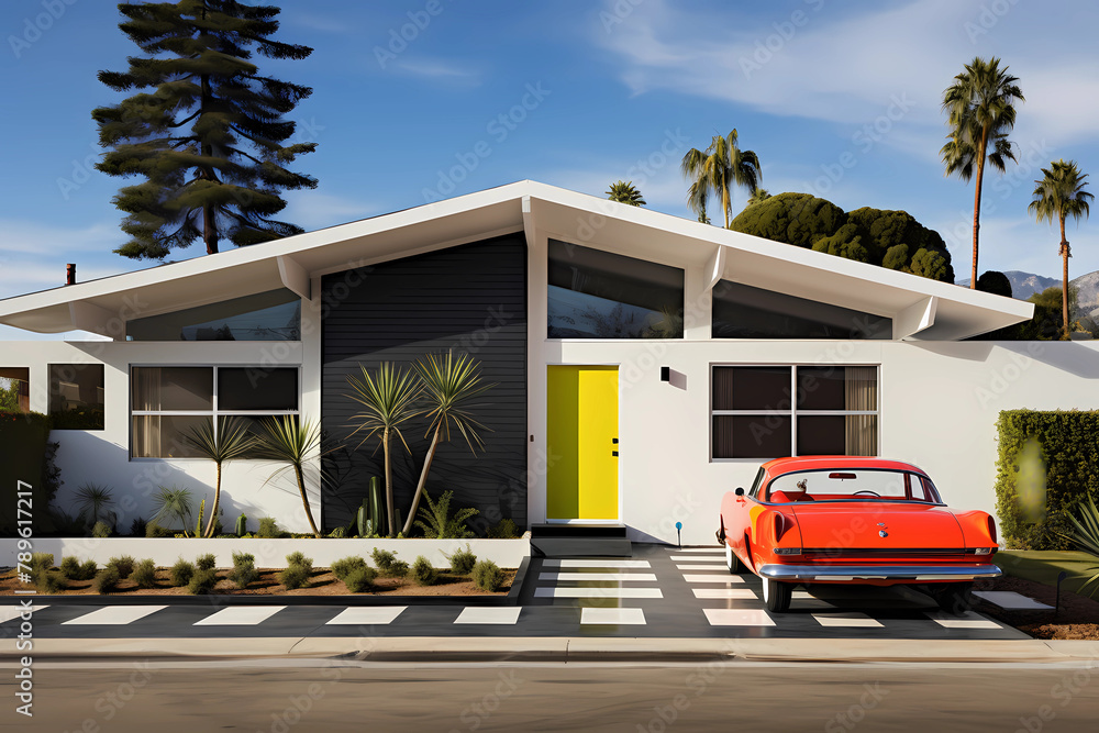 Mid-century Modern Style House (Color Pop) - Originated in the United States in the 1950s and 1960s, characterized by a sleek, futuristic design with clean lines, large windows, and an open floor plan