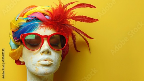 Gypsum head of goddess Diana in red hipster sunglasses decorated with multicolored feathers on duotone yellow background with copy space. Minimal bright poster design with queer vibe. © Maaz