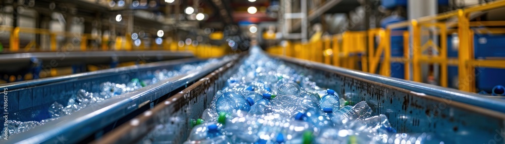 A conveyor belt full of plastic bottles in a recycling facility. A conveyor belt full of plastic bottles in a recycling facility.