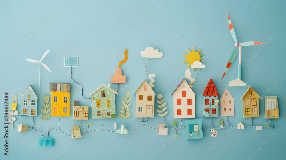 Handcraft houses of different sizes and shapes made of multicolor paper on light blue background. Solar battery and windmill connected to city by cardiogram line symbolizing energy providing. - obrazy, fototapety, plakaty 