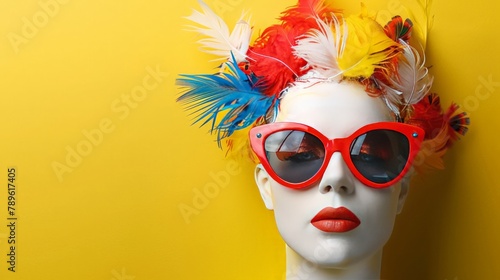 Gypsum head of goddess Diana in red hipster sunglasses decorated with multicolored feathers on duotone yellow background with copy space. Minimal bright poster design with queer vibe.