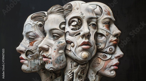 The essence of the human experience, this image reveals the intricate tapestry of identities coexisting within. Many personalities live inside, each adding depth to the human story
