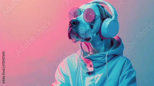 illustration of fantasy character with Dog head in sunglasses and headphones wearing white jacket listening to music against pink and blue