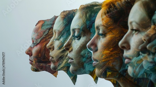 The essence of the human experience, this image reveals the intricate tapestry of identities coexisting within. Many personalities live inside, each adding depth to the human story